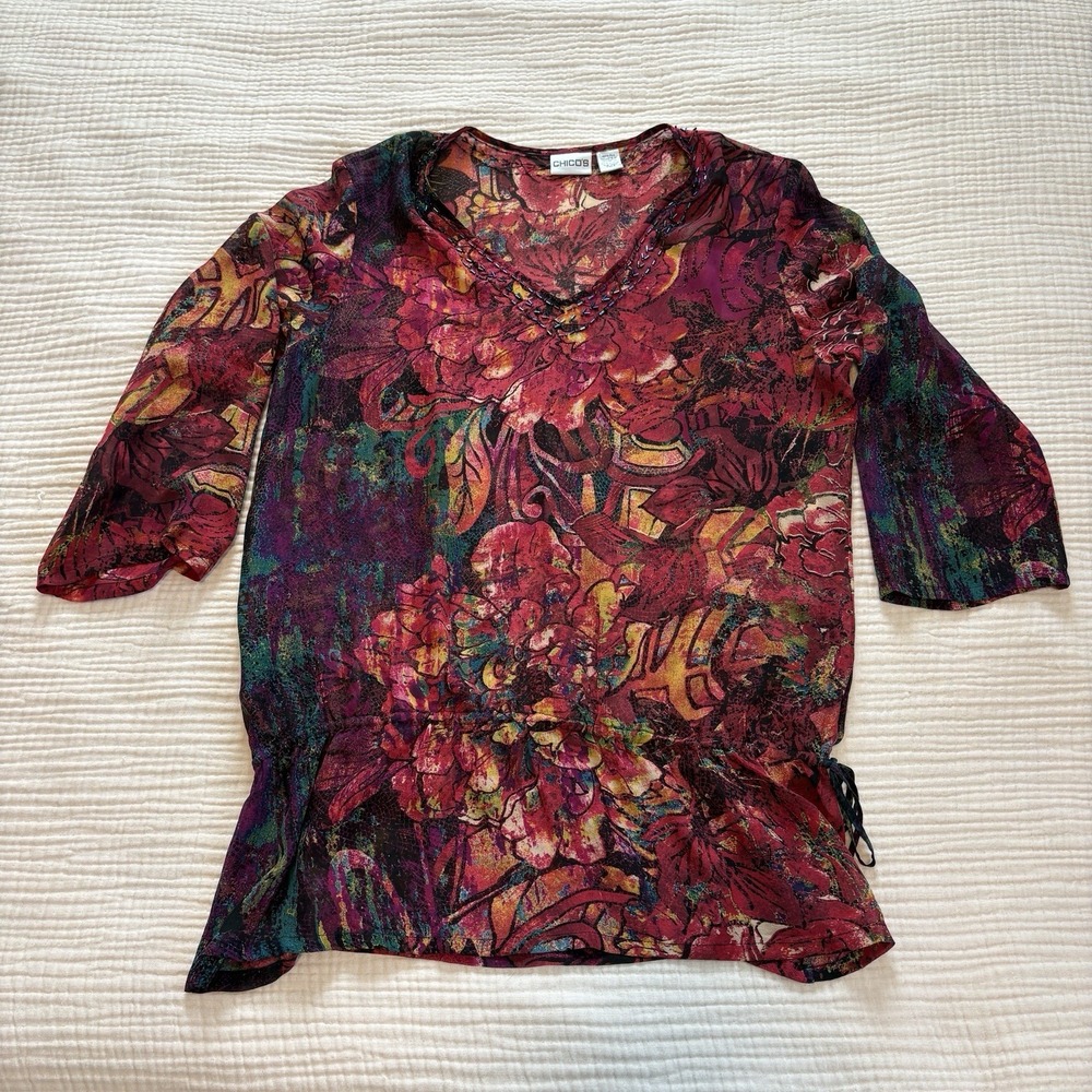 Chicos Top Women's Sz 2 Large Red Floral 100% Silk‎ Beaded V-neck  Blouse Sheer